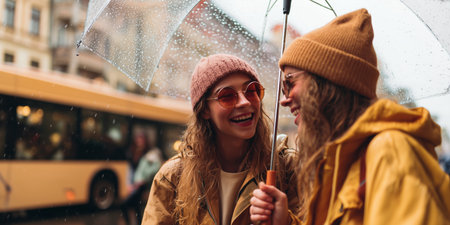 Friends laugh together under an umbrella while waiting for a bus in the rainの素材