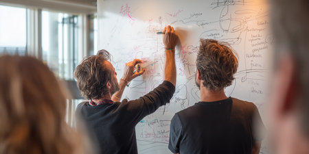 People write ideas on a board during a brainstorming session in an office spaceの素材