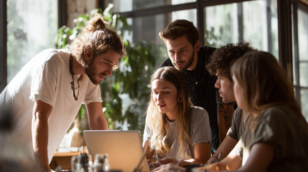 People working together at a table with a laptop in a bright room during daytimeの素材