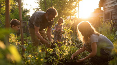 Family works in the garden during sunset with children helping adults plant vegetablesの素材