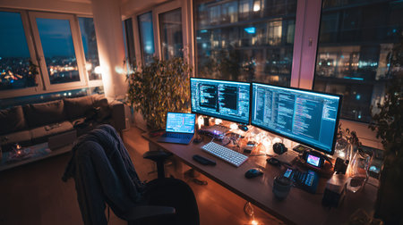 Workspace setup features multiple monitors during evening in an urban apartmentの素材
