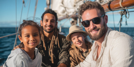 Group enjoys sailing on a boat in the ocean with smiles and bright sunlightの素材