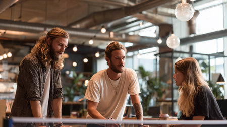 Group of people discussing ideas in a modern office space in the afternoonの素材