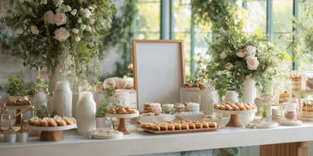Dessert table with flowers and decorations at a gathering in a bright roomの素材