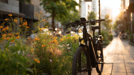 Bike parked by flowers on a city sidewalk during sunset hours in spring seasonの素材