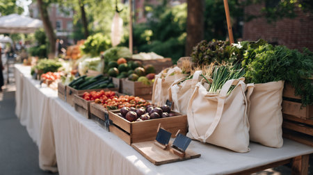 Farmers market showcases fresh produce and local goods on a sunny dayの素材
