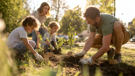 Family plants trees in community garden during sunny day in city park with children helpingの素材