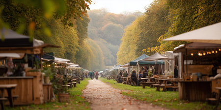 Visitors walk through a busy market path surrounded by trees in autumnの素材
