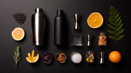 Mixing ingredients for cocktails and drinks on a dark surface with citrus fruits and toolsの素材