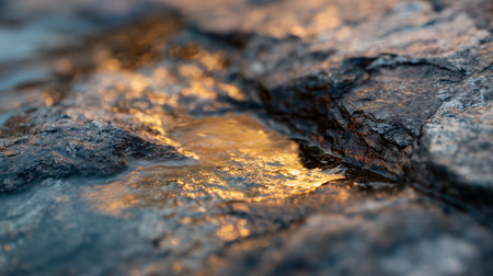 Water flowing over rocks at sunset near a riverbank on a clear eveningの素材