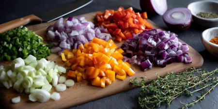 Colorful chopped vegetables arranged on a wooden cutting board in a kitchenの素材