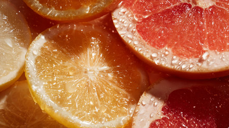 Fresh citrus slices with water droplets on a flat surface in bright lightの素材