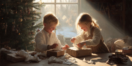Children eagerly opening Christmas gifts near window in the morningの素材