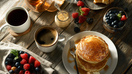 Delicious breakfast spread with pancakes, fruits, and coffee on a wooden tableの素材
