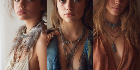 Young women wear jewelry and showcase fashion in indoor setting during daylight hoursの素材