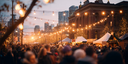 Crowd enjoying market with lights in city during evening timeの素材