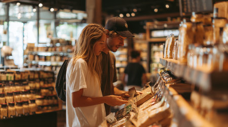Couples shopping for spices in a market during the dayの素材