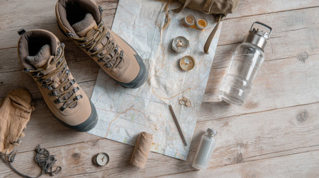 Hiking gear is placed on a map with supplies on a wooden surfaceの素材