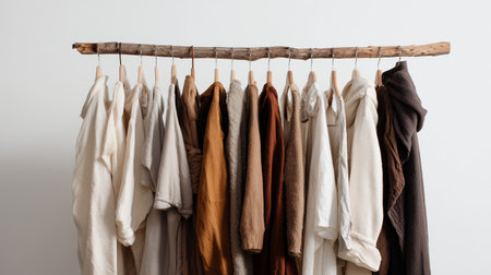 Clothing displayed on wooden rack with various colors andstyles in an indoor settingの素材