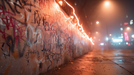 Street wall with graffiti and lights in a foggy urban setting at nightの素材
