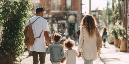 Family walks together on a sunny day in a busy street with plants and shops aroundの素材