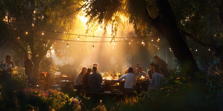 Gathering of people around tables under lights in a garden during sunsetの素材