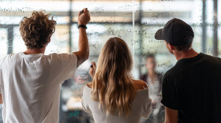Group of three people writing ideas on a glass board in an office setting during the dayの素材