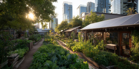 Urban garden grows in city with tall buildings and sunlight shining over plantsの素材