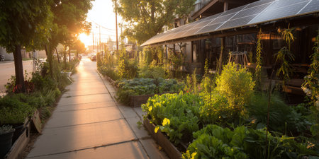 Gardening area in the city with vegetables and sunlight in the morningの素材