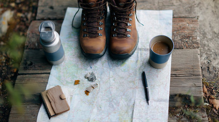 Hiking gear and supplies on a map at a campsite during daytimeの素材