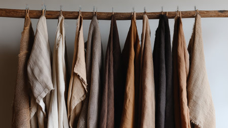Fabrics hanging on a wooden rod in a neutral toned setting for textile displayの素材