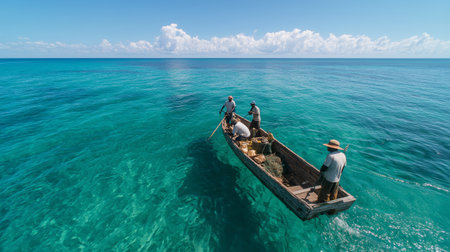 Fishermen gather seafood in clear waters near a tropical shoreline at mid-dayの素材