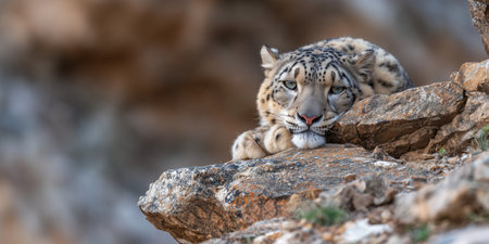 Snow leopard rests on rock in the mountains during daylight hours observing surroundingsの素材