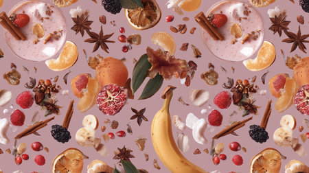 Fruits, spices, and sweets are arranged on a flat surface for decoration and design purposeの素材