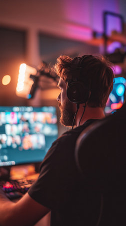 Young man plays video games in a dark room with colorful lights in the backgroundの素材
