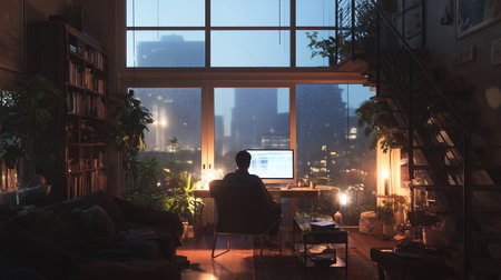 Working alone at night in a cozy apartment with city view and warm lightsの素材