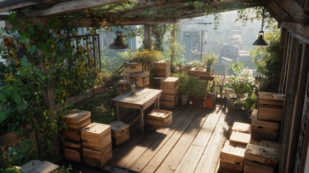 Plants and wooden crates fill an urban garden space during the dayの素材