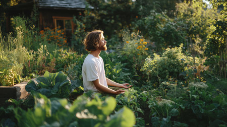 A person sits quietly among plants in a garden during a sunny afternoonの素材
