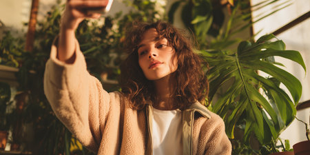 Young person taking a selfie in a room filled with green plants and natural lightの素材