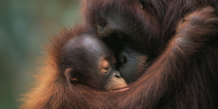 Orangutan mother and baby share close moment in a natural settingの素材