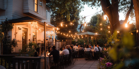 Outdoor dinner gathering at a house with string lights in the eveningの素材