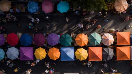 Market stalls with colorful umbrellas and visitors walking on a busy streetの素材