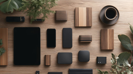 Various tech devices and accessories arranged on wooden surface with plants and a cup of coffeeの素材