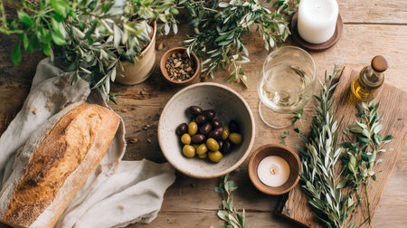 Olive oil tasting with fresh bread, olives, and greenery on a wooden tableの素材