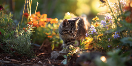 Cat explores garden in sunlight with flowers during golden hourの素材