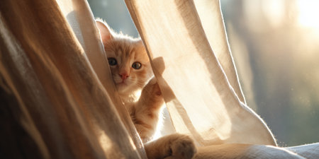 Cat peeking through sheer curtains in a sunlit room during afternoonの素材