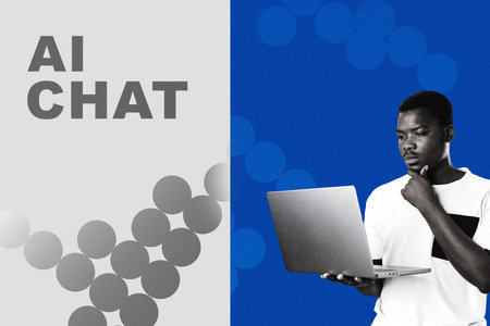 Person engaging with AI chat features on a laptop in a modern settingの写真素材