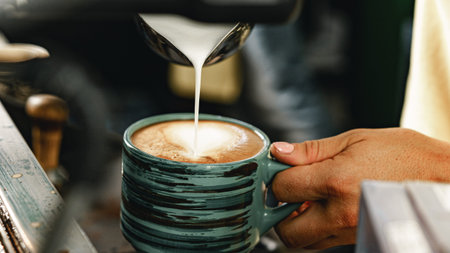 Coffee is poured into a teal mug during a busy morning at a cafe in the city centerの写真素材