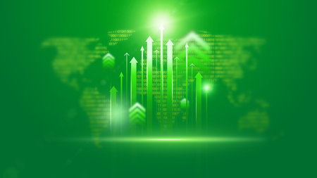 Growing data trends on a green background with digital arrows and binary numbersの写真素材