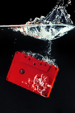 Cassette tape sinks into water with splashes and bubbles during a creative art projectの写真素材